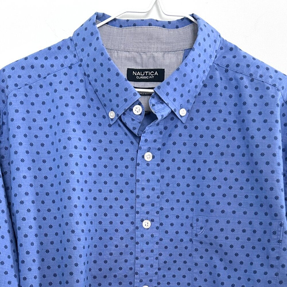Nautica Flex Wrinkle Resistant Button Down XL Nautical Wheel Pattern Classic Fit